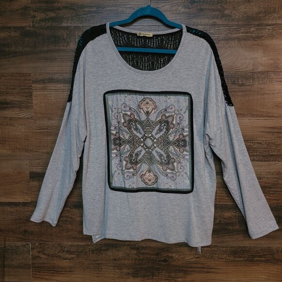 Democracy Jersey Knit Top XL Lace Accent Boho Soft Stretch Knit Gray Oversized - Picture 1 of 10
